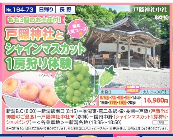 新潟交通様企画　くれよん　戸隠神社とシャインマスカット１房狩り体験　日帰り