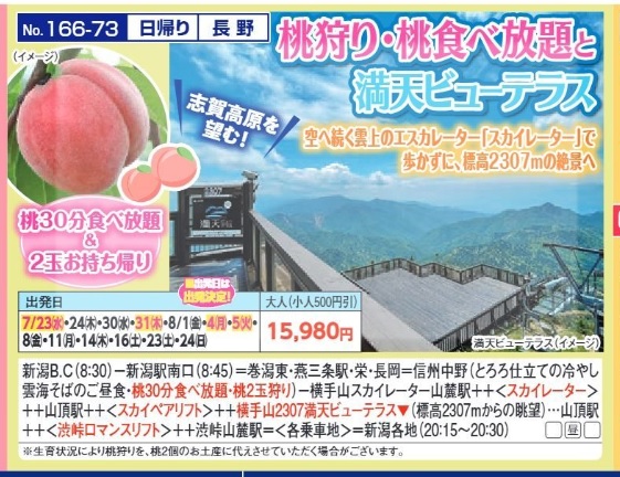 新潟交通様企画　くれよん　桃狩り・桃食べ放題と満天ビューテラス　日帰り