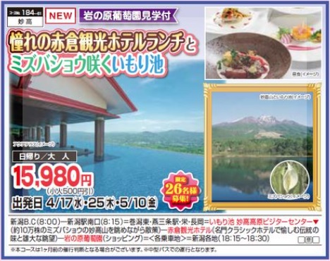 くれよん　花咲くいもり池散策と　赤倉観光ホテルランチ　日帰り