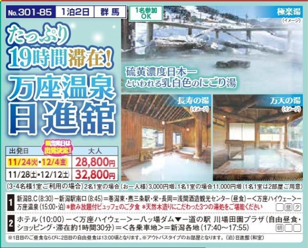 新潟交通様企画 くれよん たっぷり19時間滞在!万座温泉 日進舘 1泊2日