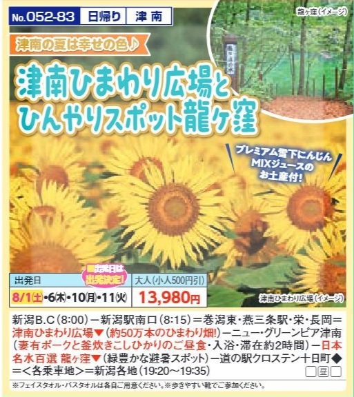 新潟交通様企画　くれよん　津南ひまわり広場とひんやりスポット龍ヶ窪　日帰り
