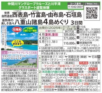 旅っくす 世界自然遺産・西表島、マングローブ秘境クルーズ赤瓦屋根つづく竹富島・由布島・石垣島　八重山諸島４島めぐり３日間