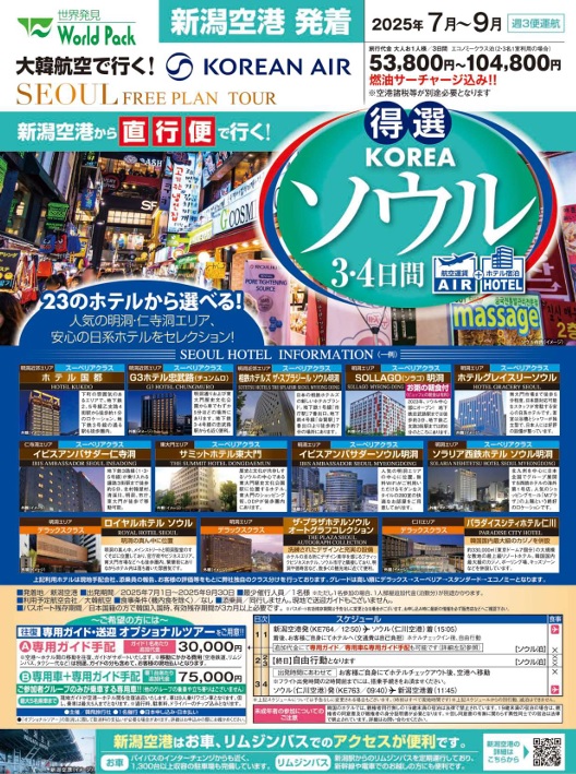 ワールドパック　新潟空港発着　特選ソウル3・4日間