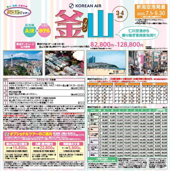 パラディツアー　新潟空港発着 釜山　3・4日間
