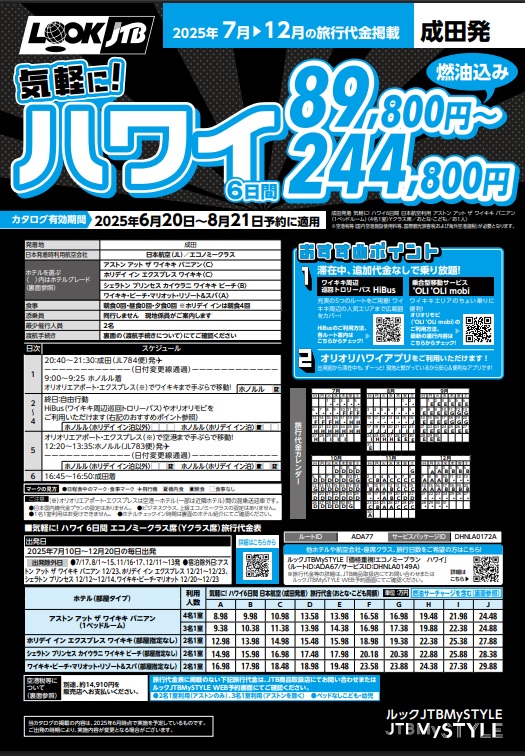 ルックJTB 気軽に！ハワイ 6日間