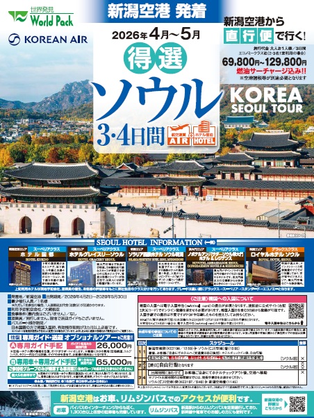 ワールドパック　新潟空港発着　特選ソウル３・４日間
