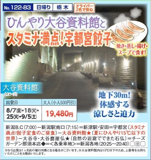 新潟交通様企画　くれよん　ひんやり大谷資料館とスタミナ満点！宇都宮餃子　日帰り